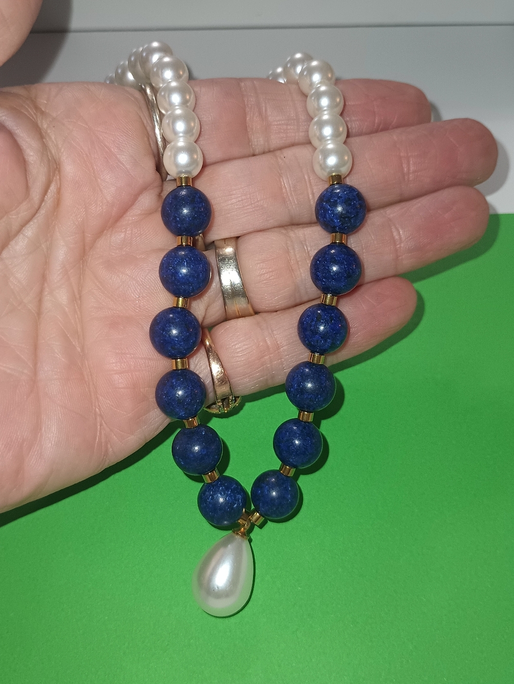 Lapis and Pearl Drop Necklace - Blue and White